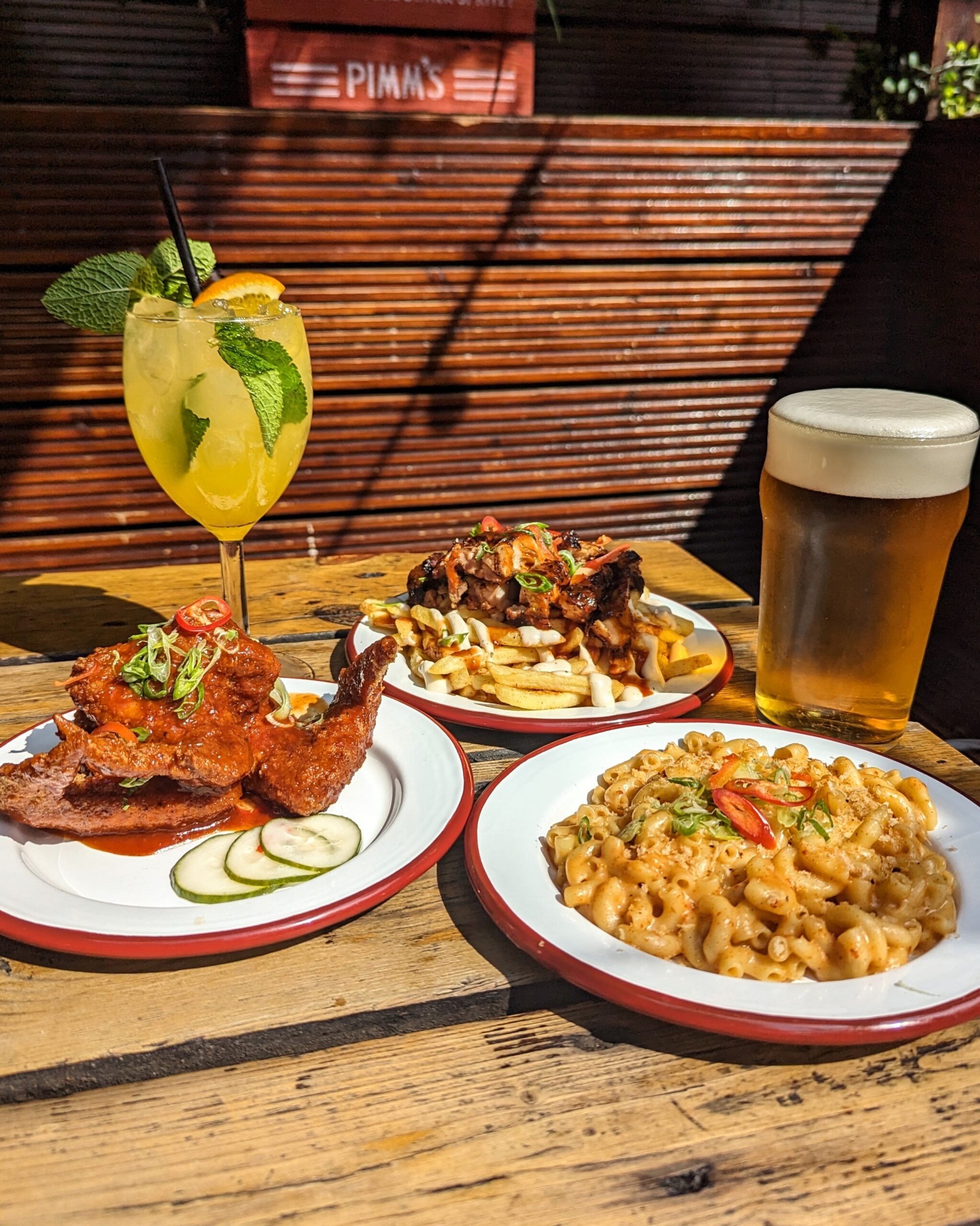 Side plates: Mango Chicken Wings, Mac and Cheese, Chicken and Chips